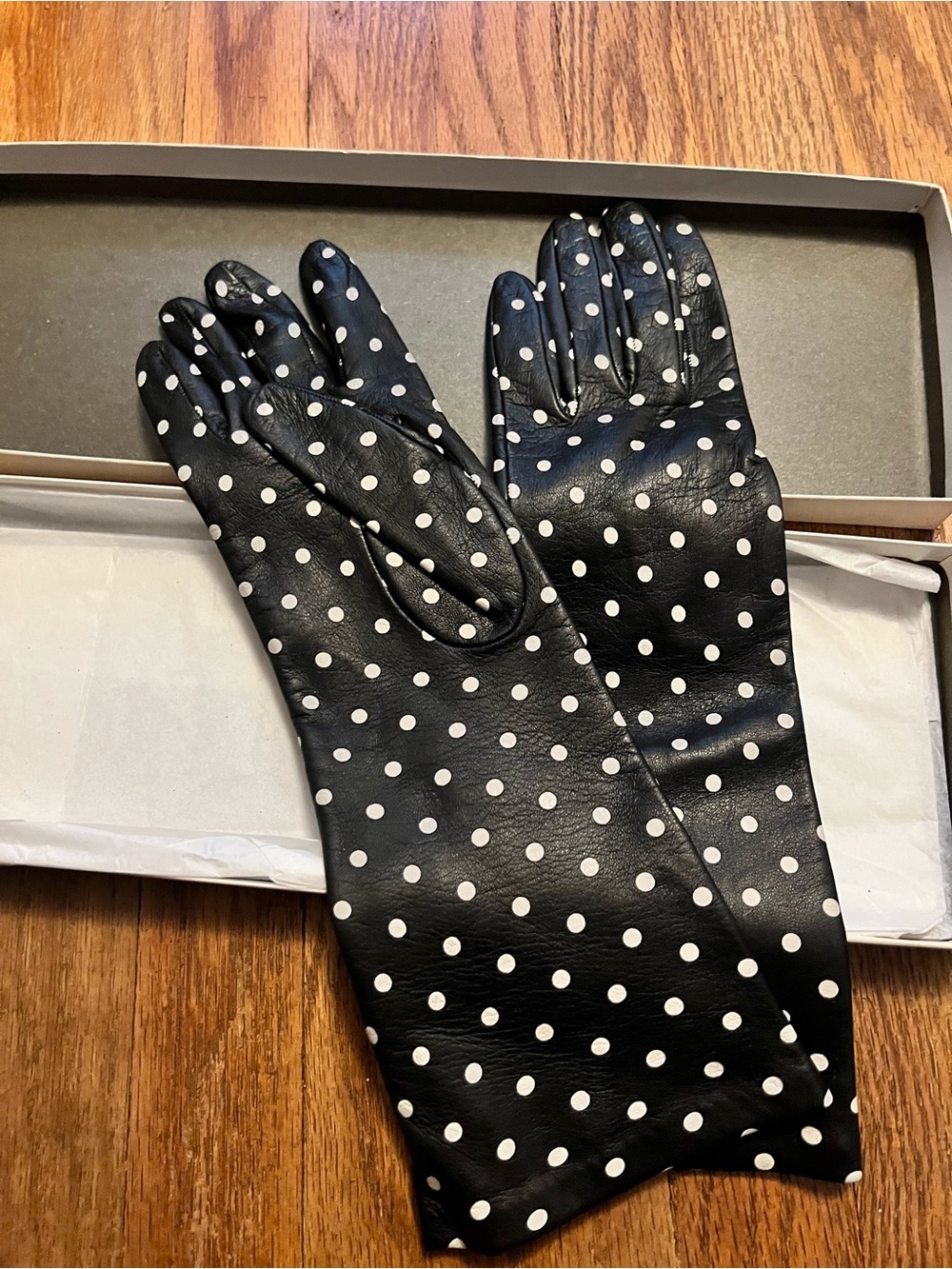 Vintage NIB Fredrick & Nelson Navy Blue Cream Polka Dot Leather Gloves Sz 7